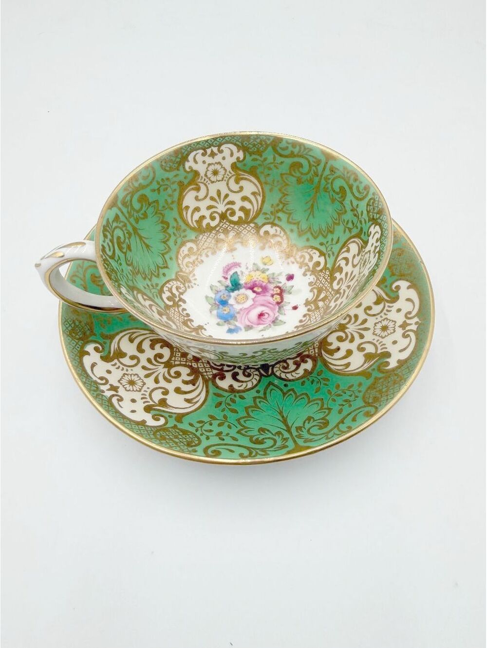 Crown Staffordshire Vintage Teacup Saucer Green Gold Floral Bone China A14099